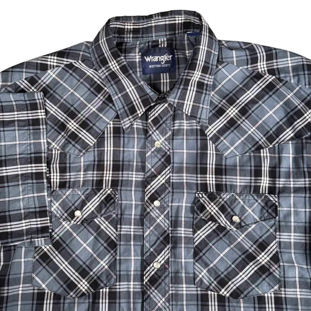 Wrangler Western Short Sleeve Plaid Pearl‎ Snap Shirt Blue Black Mens XLT Tall